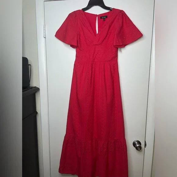 Kensie | Dresses | Kensie Dresses Womens Eyelet Vneck Daytime Midi Red Dress  Sz | Poshmark